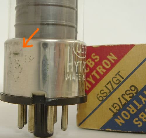 CBS Hytron 6SJ7GT tube with Sylvania logo still visibile on base.